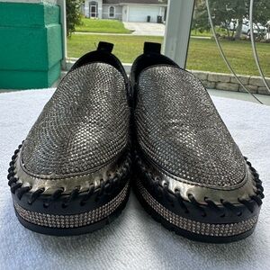 Muguan Loafers Platform Sparkly Bejeweled Slip On Loafers Black Silver 7.5